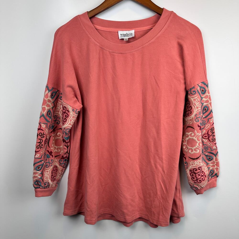 Washco Top Boho Long Sleeve Blush Pink Embroidered Sleeves Size Small